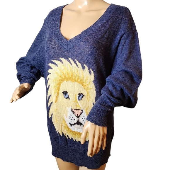Wildfox oversized wool-blend blue lion lightweight knit sweater XS - Picture 2 of 16